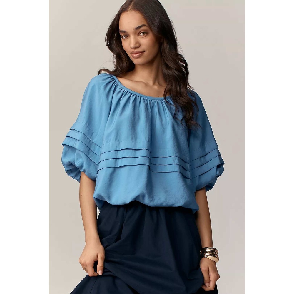 Maeve Anthropologie Light Blue Pleated Puff Sleeve Bubble Hem Blouse Medium